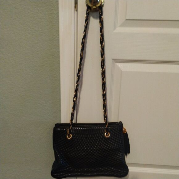 Bally Quilted Black Leather Gold Chain Strap Tassle Tote Purse Shoulder Bag Vtg - Picture 3 of 14